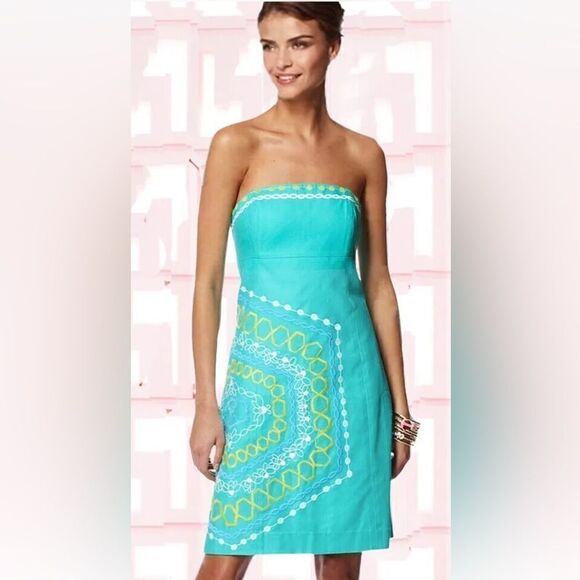 Lilly Pulitzer Bowen Aqua Comb Get It Embroidered Strapless Dress - Picture 5 of 5